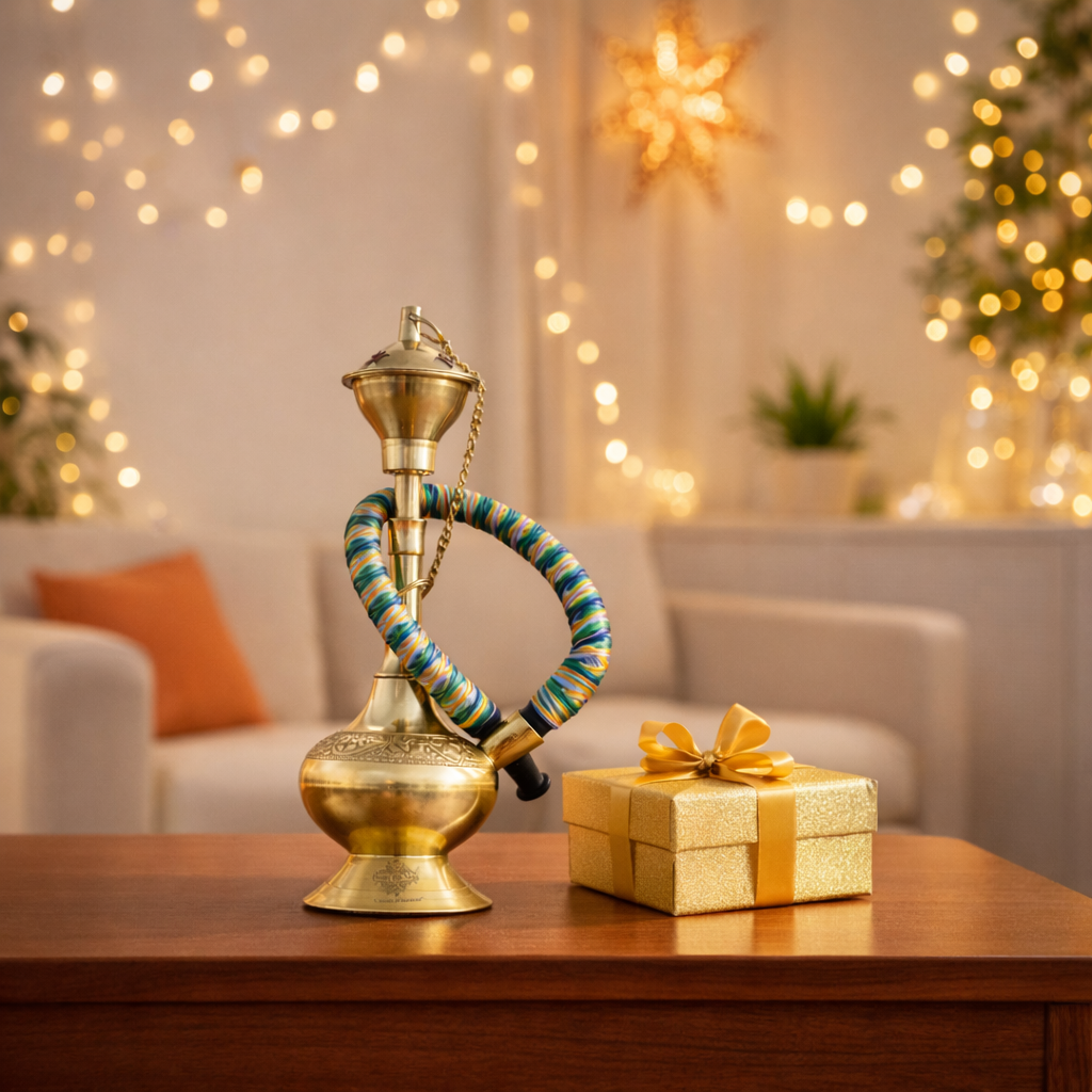 Brass Hookah With Gold Finish Handmade Embossed Design - Showpiece, Home Decor
