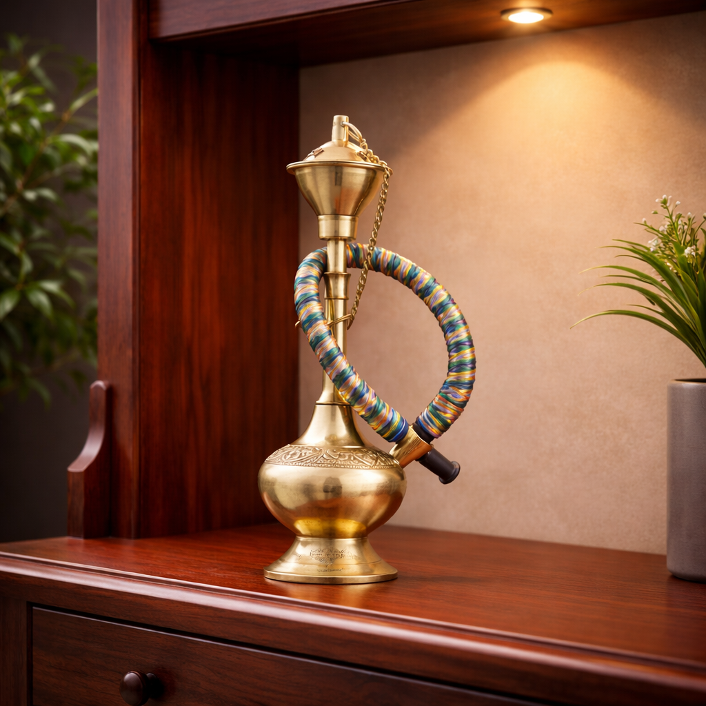Brass Hookah With Gold Finish Handmade Embossed Design - Showpiece, Home Decor