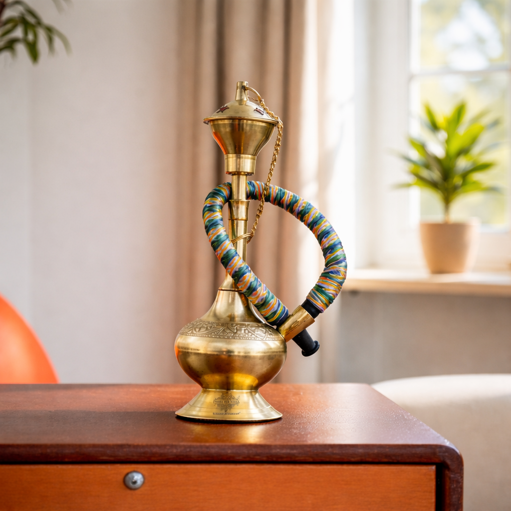 Brass Hookah With Gold Finish Handmade Embossed Design - Showpiece, Home Decor