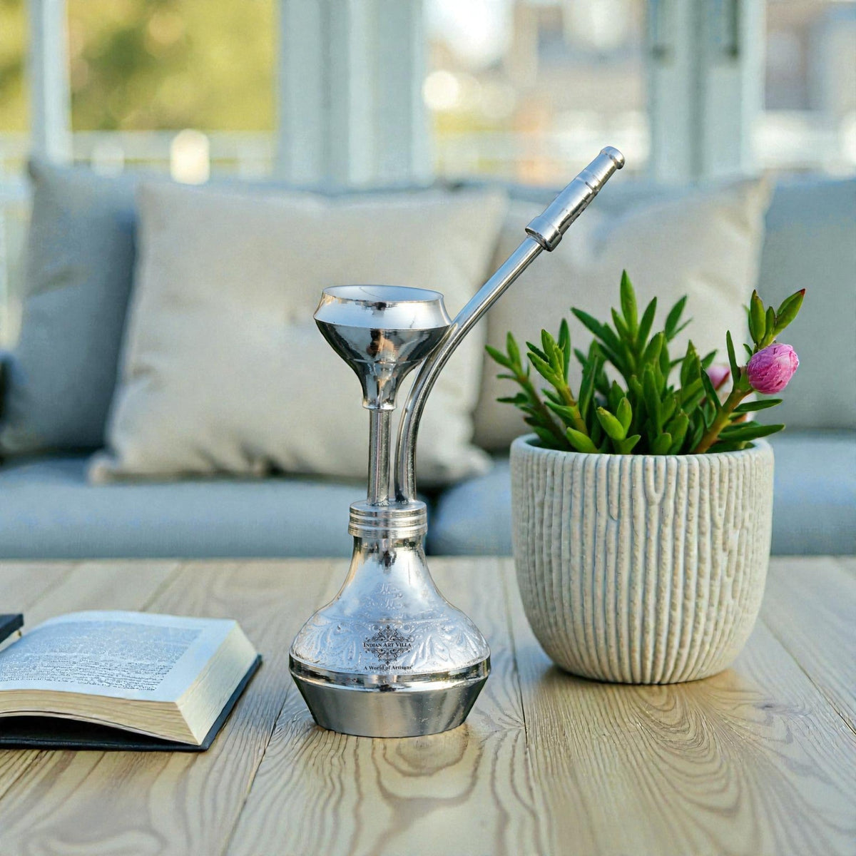 Pure Brass Chrome Finish Designer Mini Hookah Showpiece - Home Decor