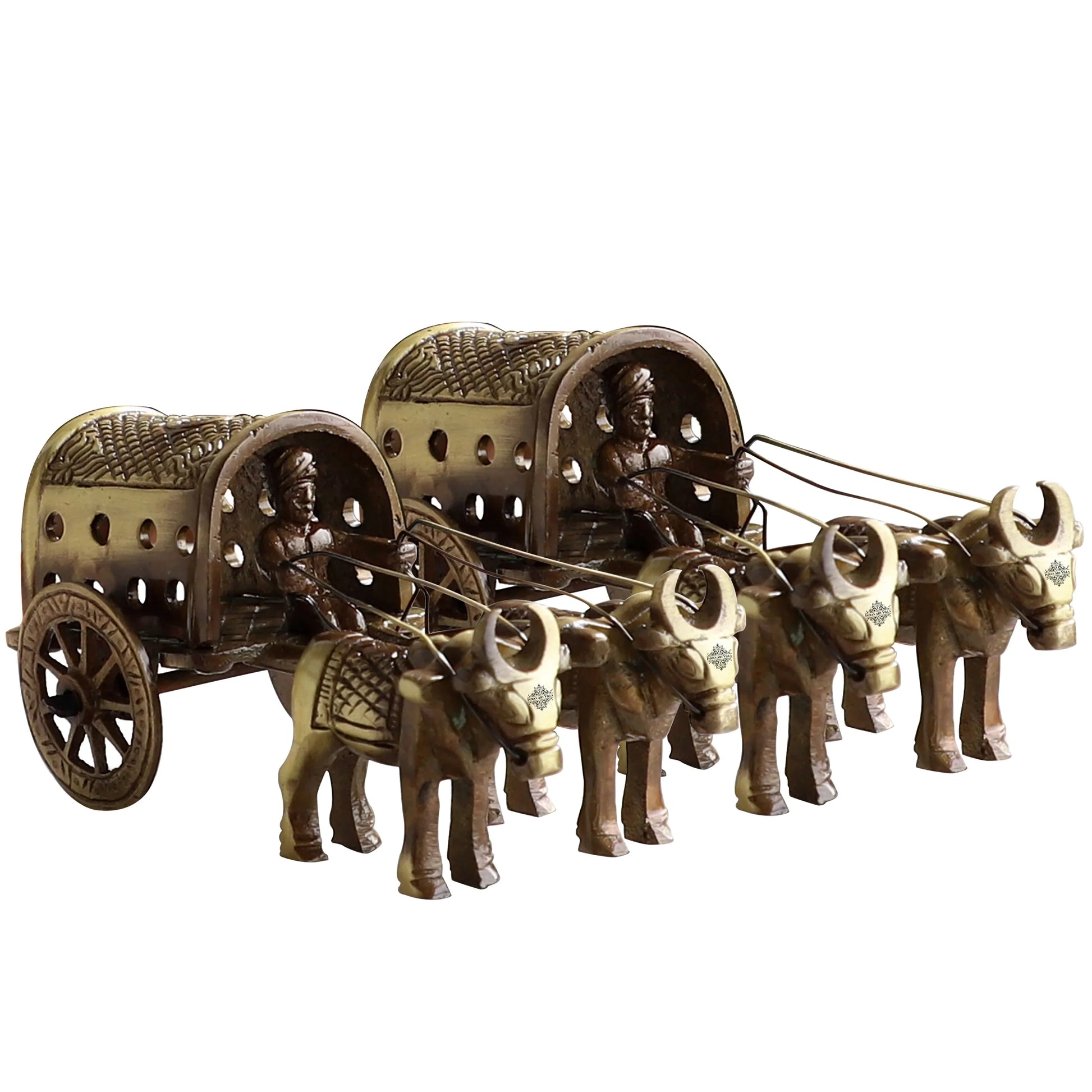 Brass Handcrafted Cart With Two Bull Showpiece Figurine, Home Hotel Office Decorative Item, Size-5.5x11.5 cm