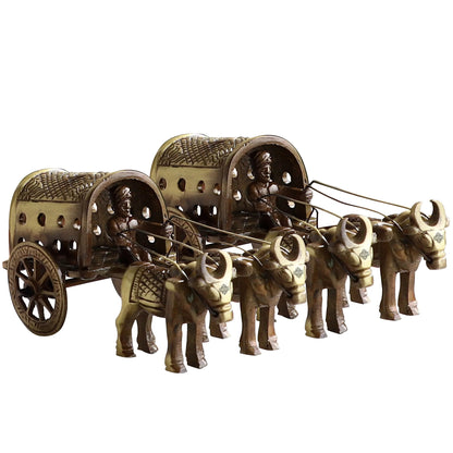 Brass Handcrafted Cart With Two Bull Showpiece Figurine, Home Hotel Office Decorative Item, Size-5.5x11.5 cm