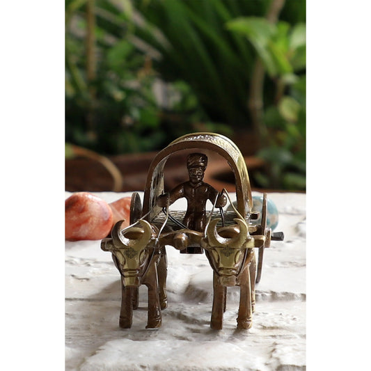 Brass Handcrafted Cart With Two Bull Showpiece Figurine, Home Hotel Office Decorative Item, Size-5.5x11.5 cm