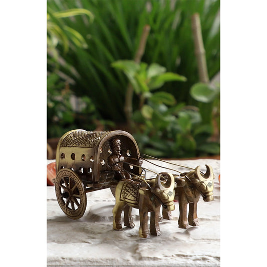 Brass Handcrafted Cart With Two Bull Showpiece Figurine, Home Hotel Office Decorative Item, Size-5.5x11.5 cm