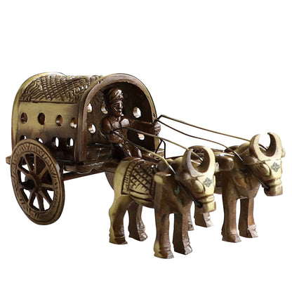 Brass Handcrafted Cart With Two Bull Showpiece Figurine, Home Hotel Office Decorative Item, Size-5.5x11.5 cm