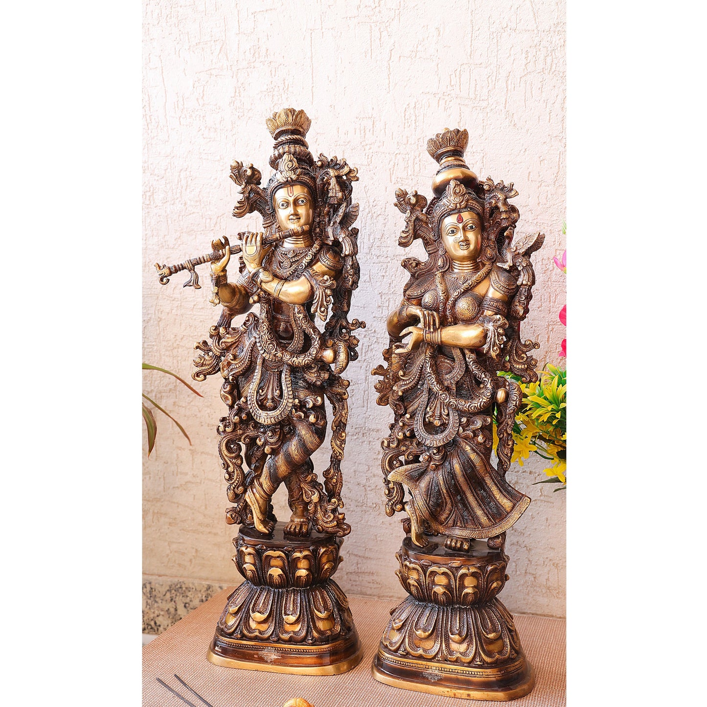 Handcrafted Pure Brass Standing Radha Krishna Statue Playing Flute