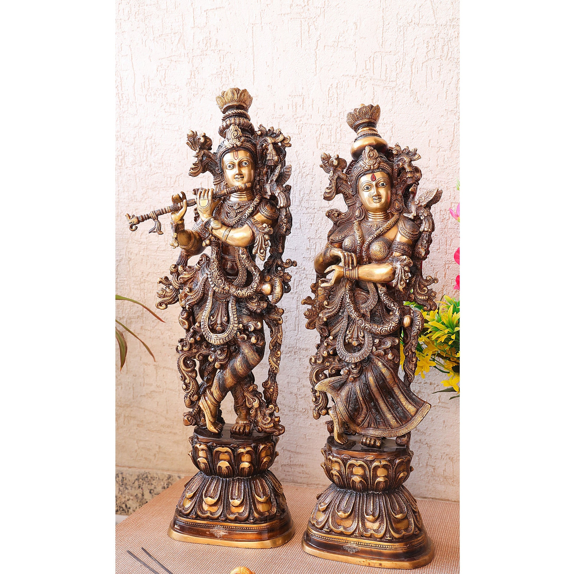Handcrafted Pure Brass Standing Radha Krishna Statue Playing Flute