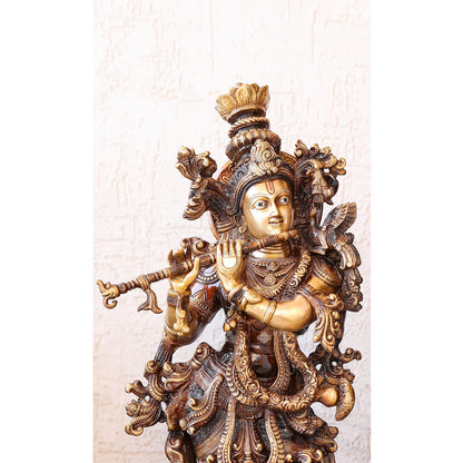 Handcrafted Pure Brass Standing Radha Krishna Statue Playing Flute