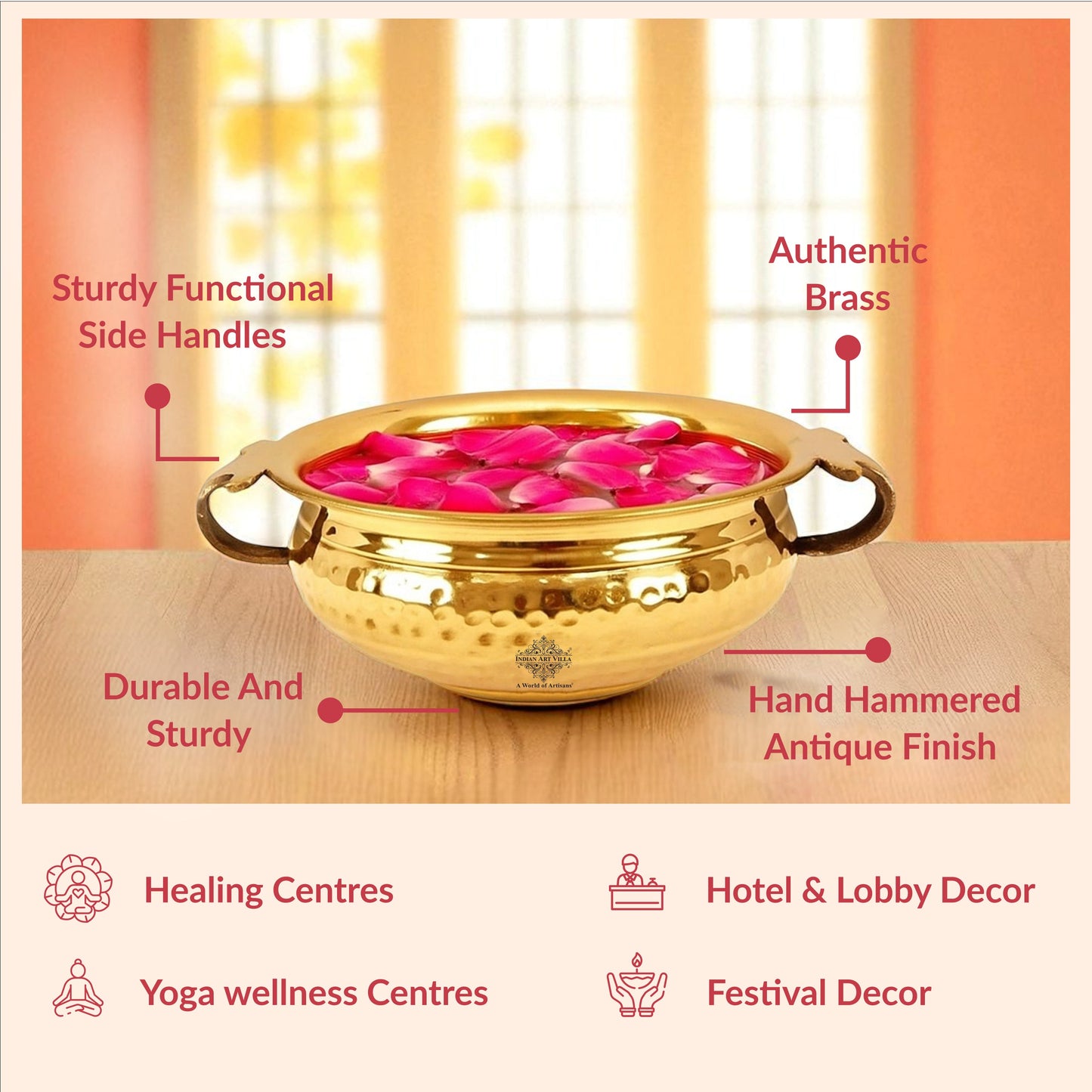 Pure Brass Hammered Design Urli/Decorative Bowl/Decorative Platter, Home Décor & Festive Item