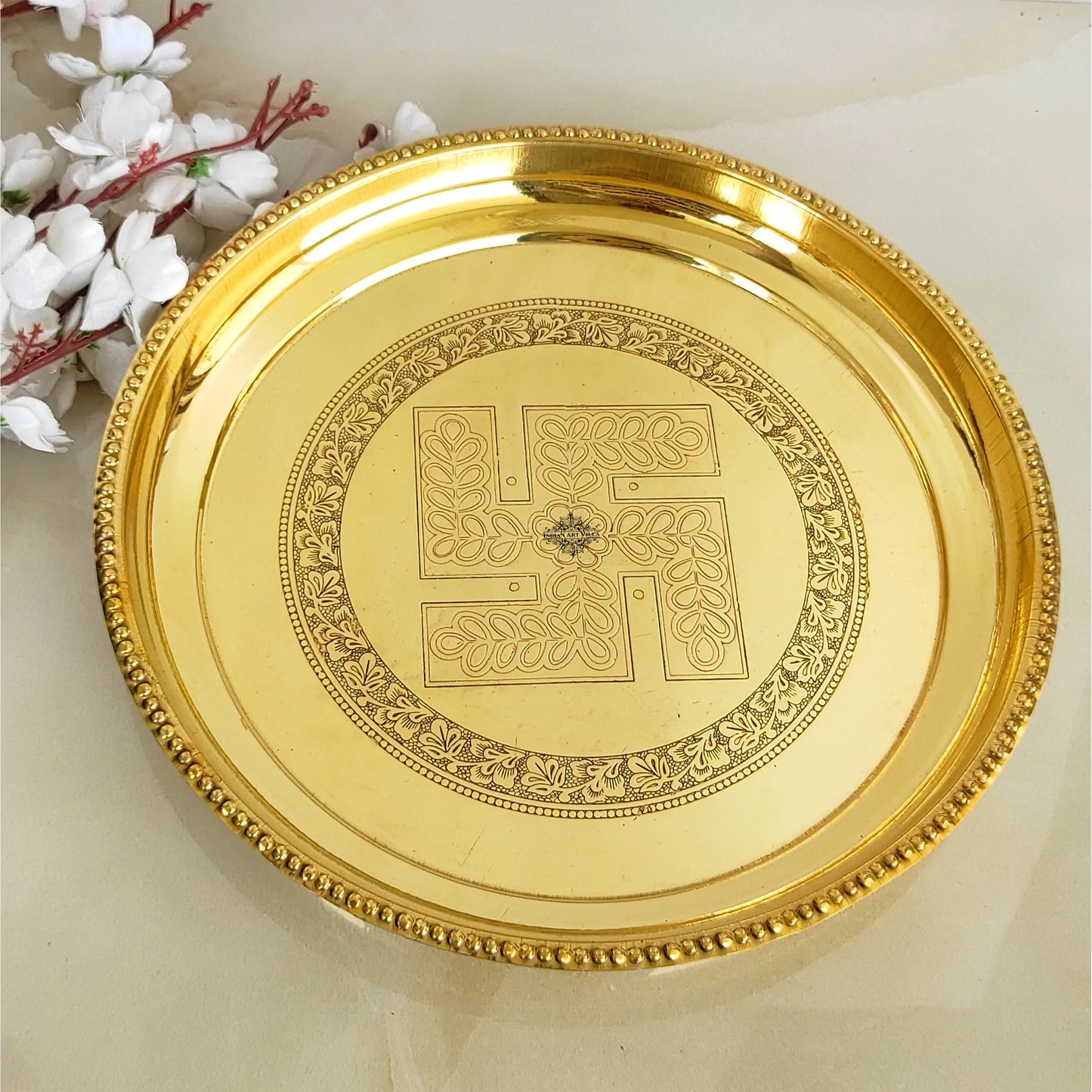 Pure Brass Pooja Thali With Swastik Embossed Design, Decorative Platter, Home Décor & Festive Item, Diameter- 30.48 cm