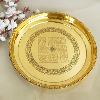 Pure Brass Pooja Thali With Swastik Embossed Design, Decorative Platter, Home Décor & Festive Item, Diameter- 30.48 cm