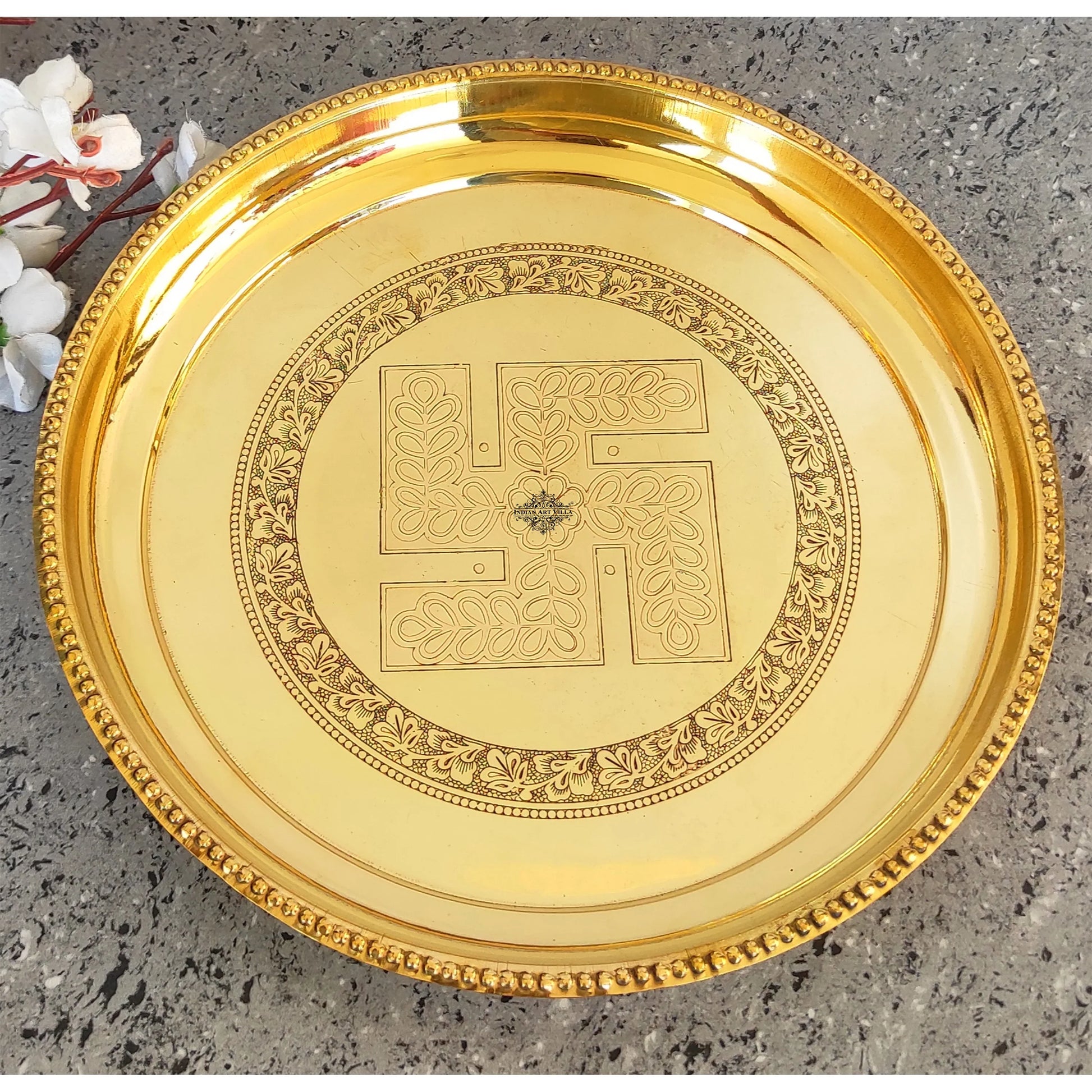 Pure Brass Pooja Thali With Swastik Embossed Design, Decorative Platter, Home Décor & Festive Item, Diameter- 30.48 cm