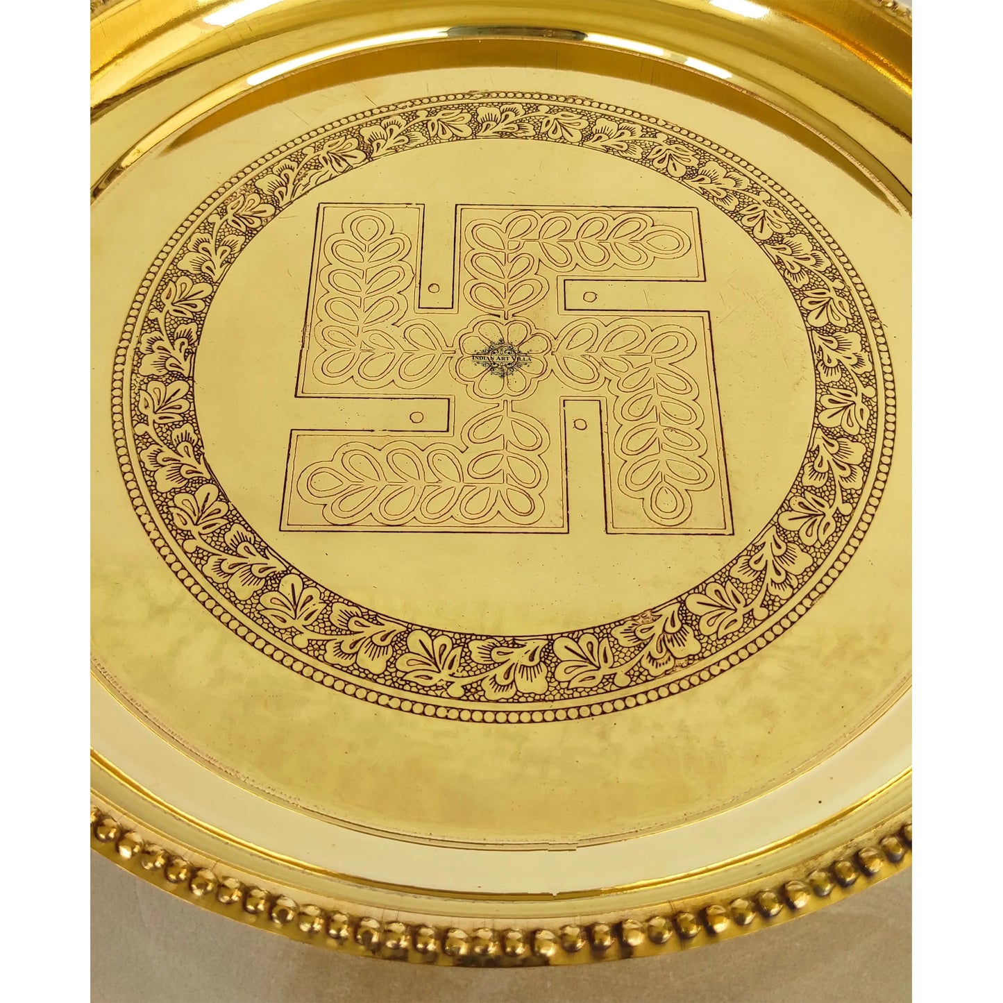 Pure Brass Pooja Thali With Swastik Embossed Design, Decorative Platter, Home Décor & Festive Item, Diameter- 30.48 cm