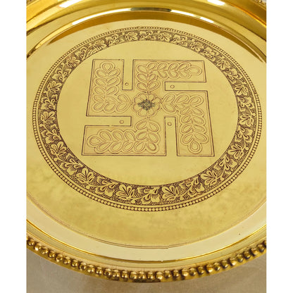 Pure Brass Pooja Thali With Swastik Embossed Design, Decorative Platter, Home Décor & Festive Item, Diameter- 30.48 cm