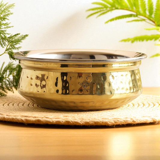 Handcrafted Pure Steel Brass Hammered Design Handi, Servware, Tableware