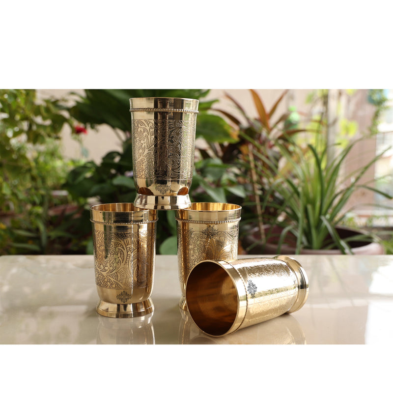 Set Of 4 & 6 Brass Embossed Tumblers Set - 270 ML