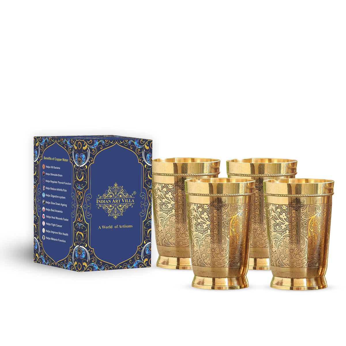 Set Of 4 & 6 Brass Embossed Tumblers Set - 270 ML