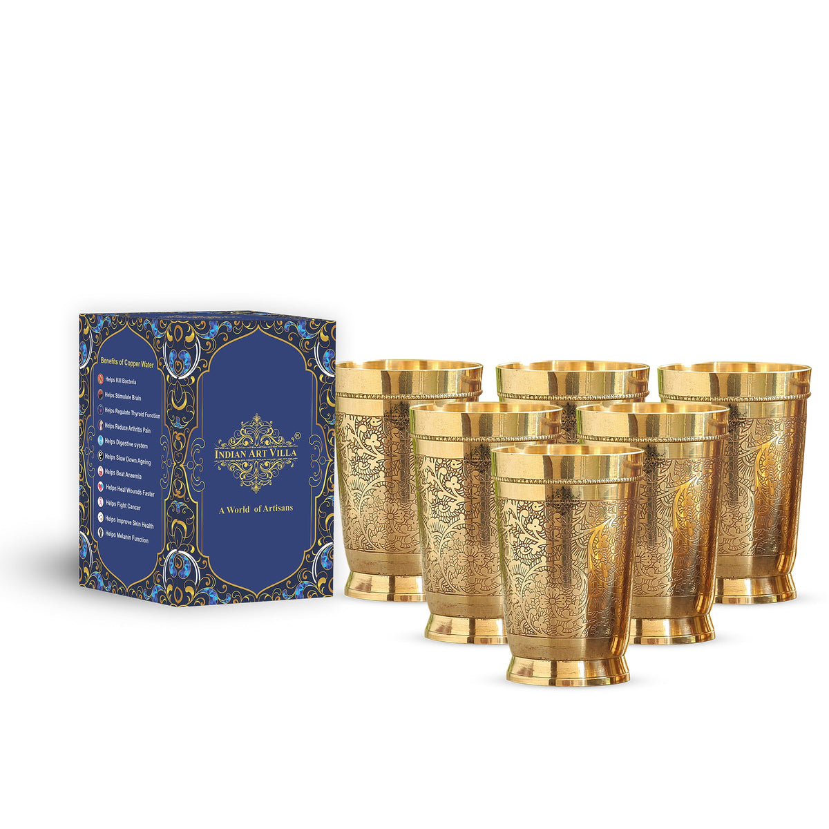 Set Of 4 & 6 Brass Embossed Tumblers Set - 270 ML