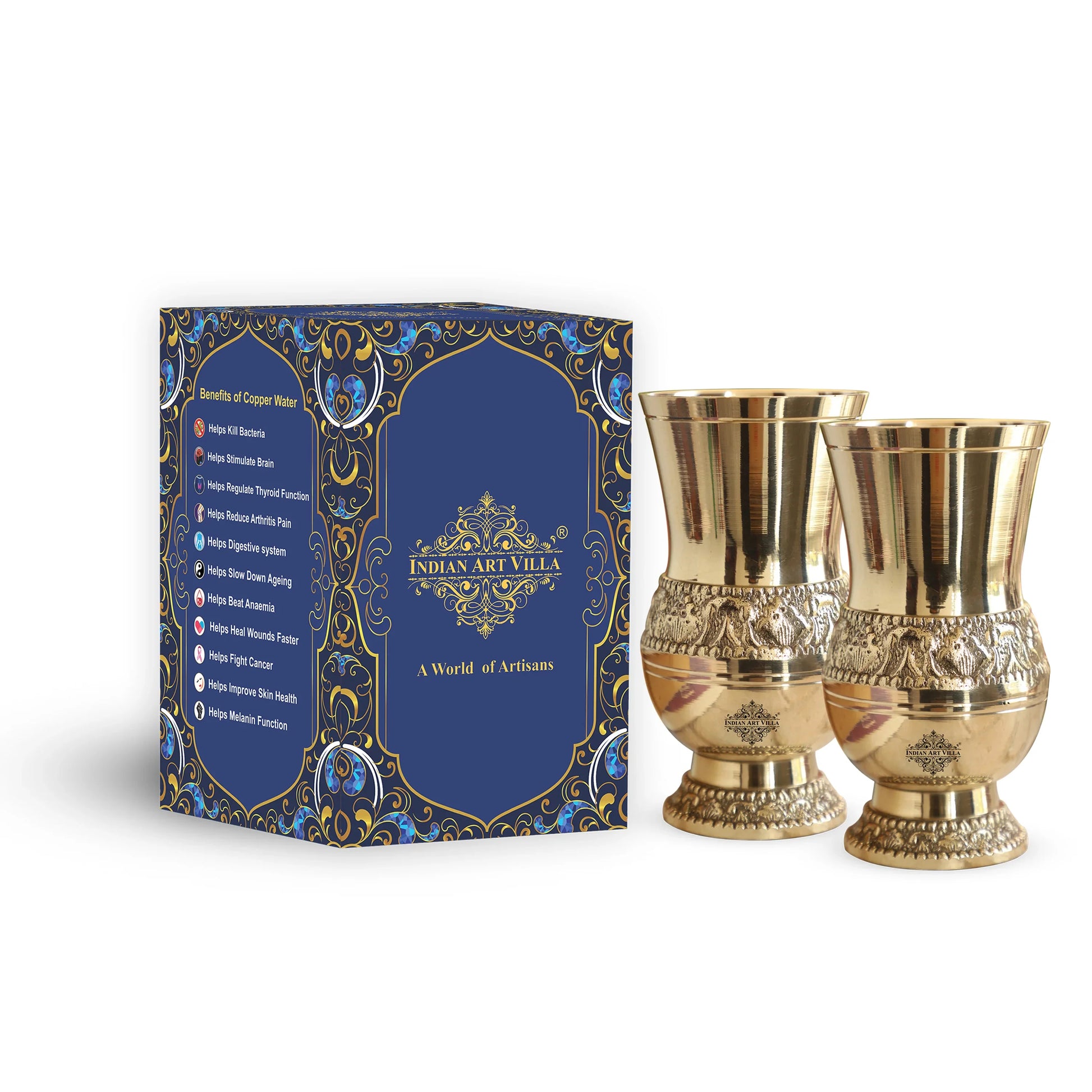 Pure Brass Glass / Tumbler With Embossed Mughlai Goblet Design-250 ML