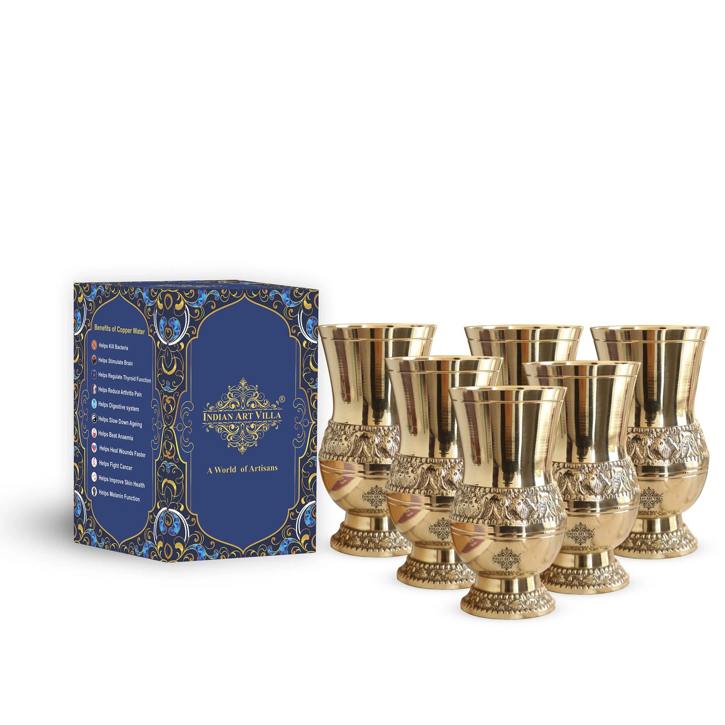 Pure Brass Glass / Tumbler With Embossed Mughlai Goblet Design-250 ML