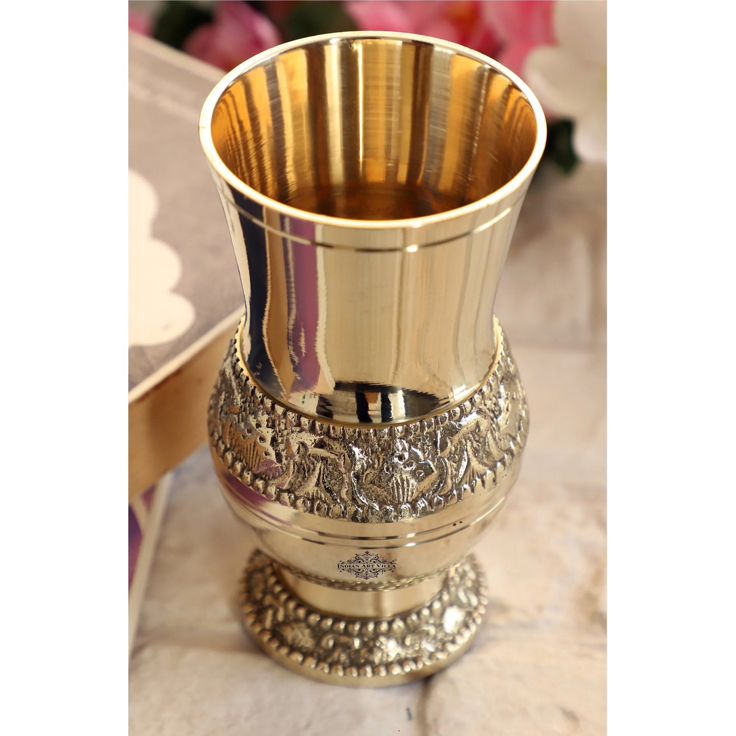 Pure Brass Glass / Tumbler With Embossed Mughlai Goblet Design-250 ML