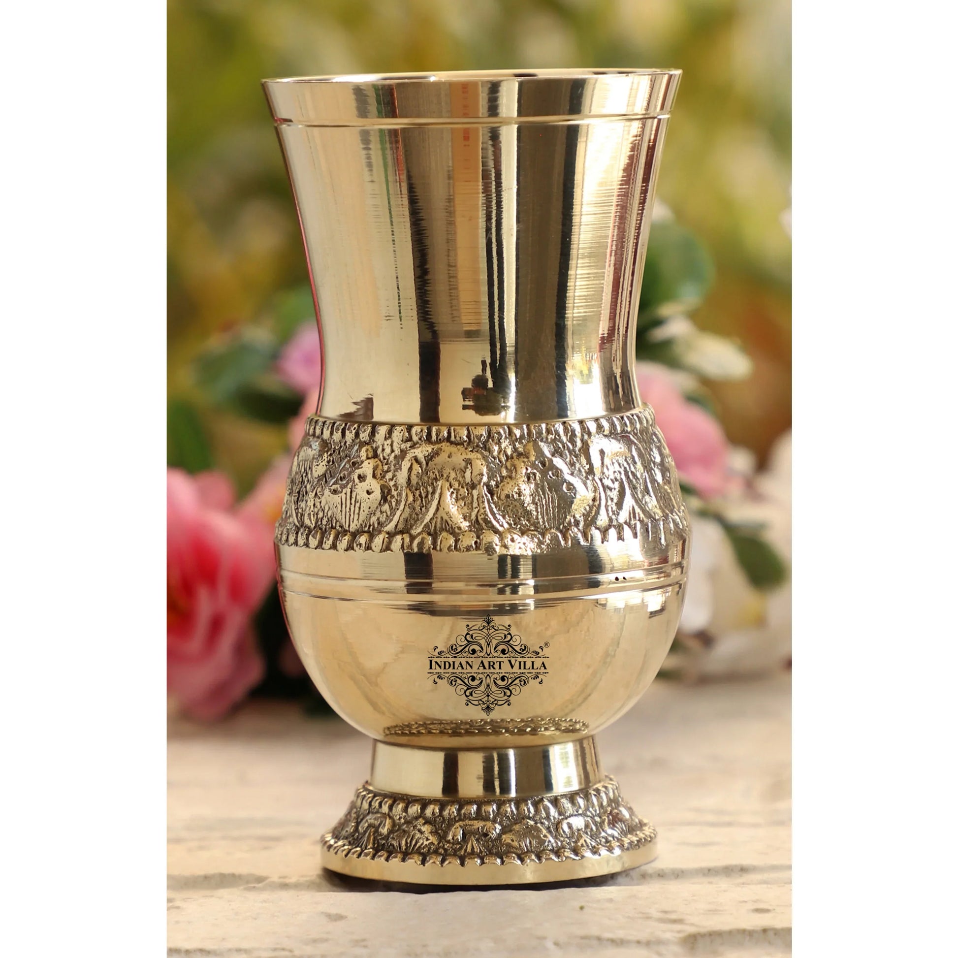 Pure Brass Glass / Tumbler With Embossed Mughlai Goblet Design-250 ML