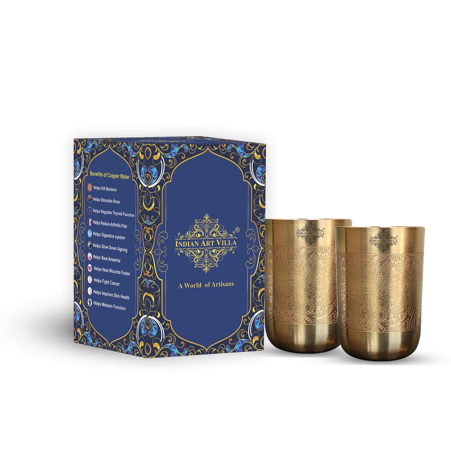 Pure Brass Glass / Tumbler With Matt Finish Embossed Design-300 ML