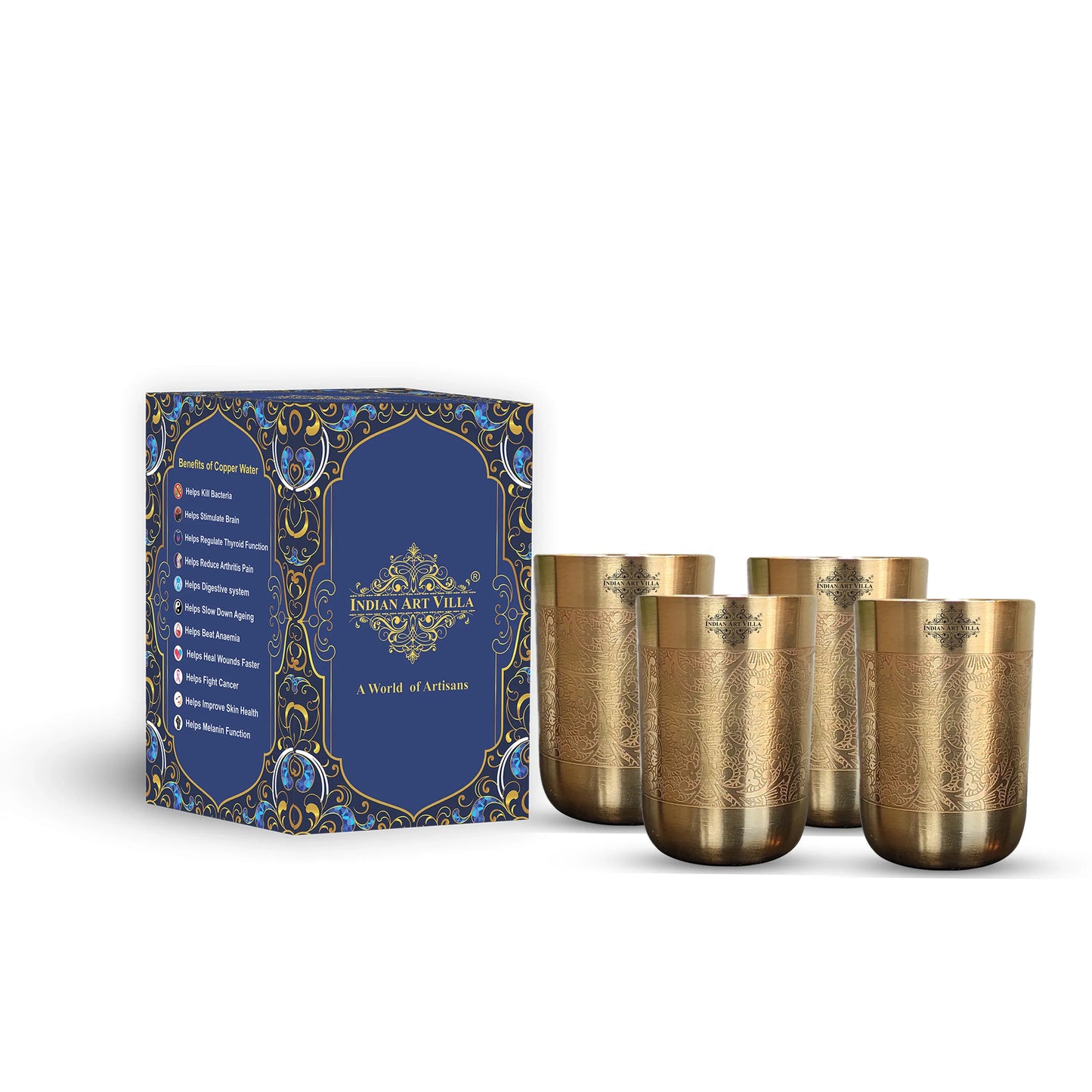 Pure Brass Glass / Tumbler With Matt Finish Embossed Design-300 ML