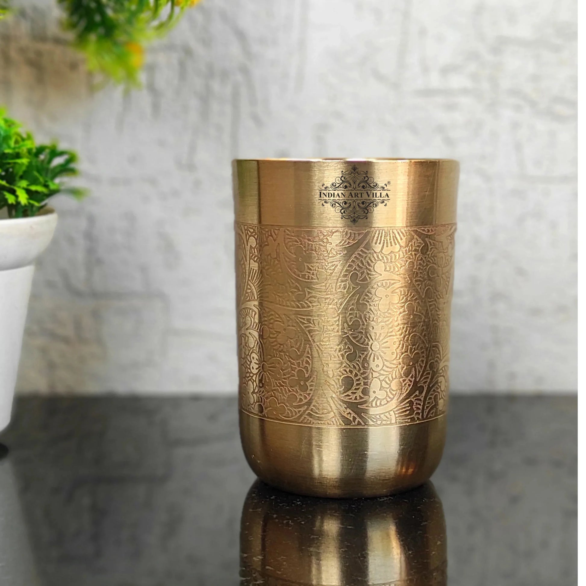 Pure Brass Glass / Tumbler With Matt Finish Embossed Design-300 ML