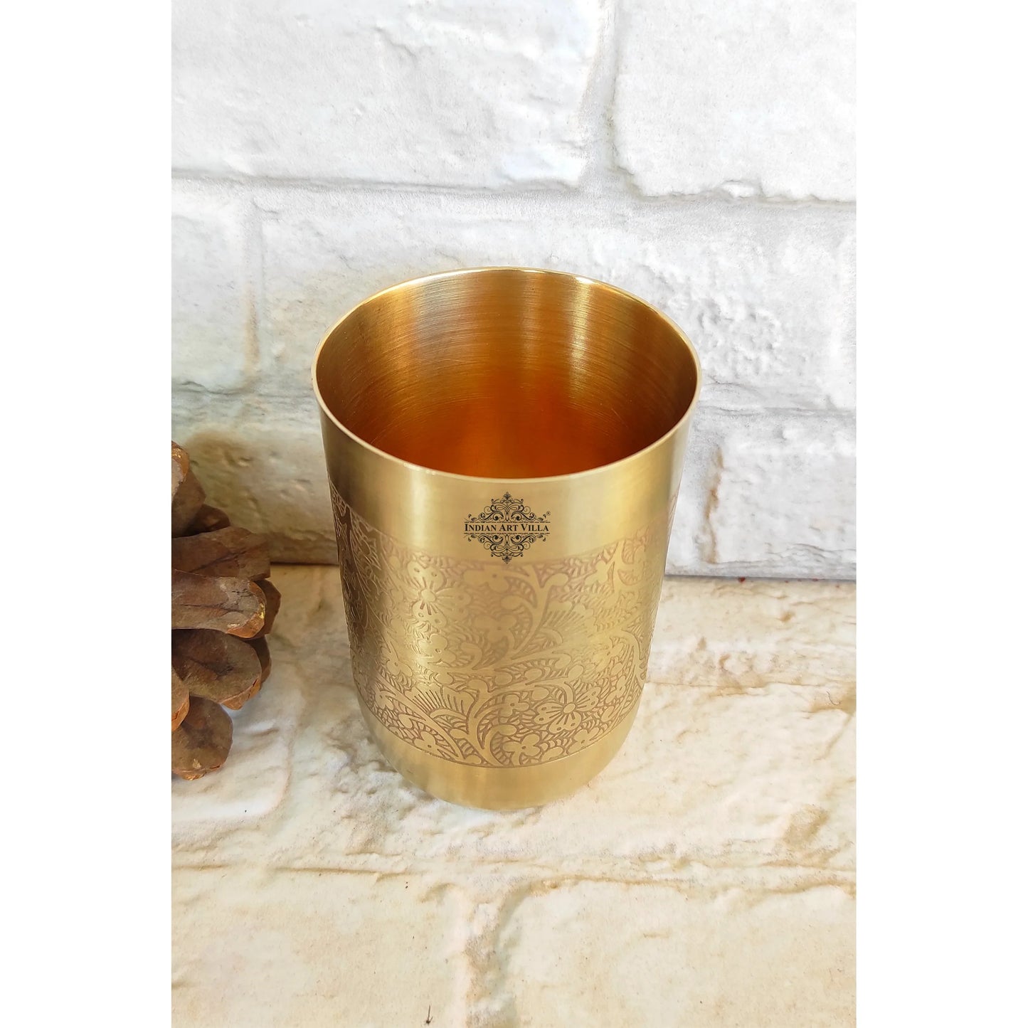 Pure Brass Glass / Tumbler With Matt Finish Embossed Design-300 ML