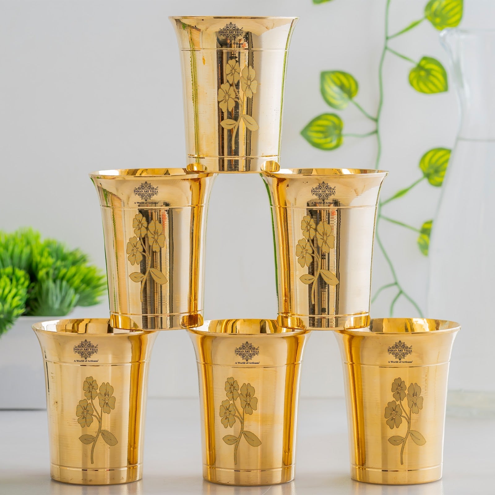 Pure Brass Glass With Curve Laser Printed design