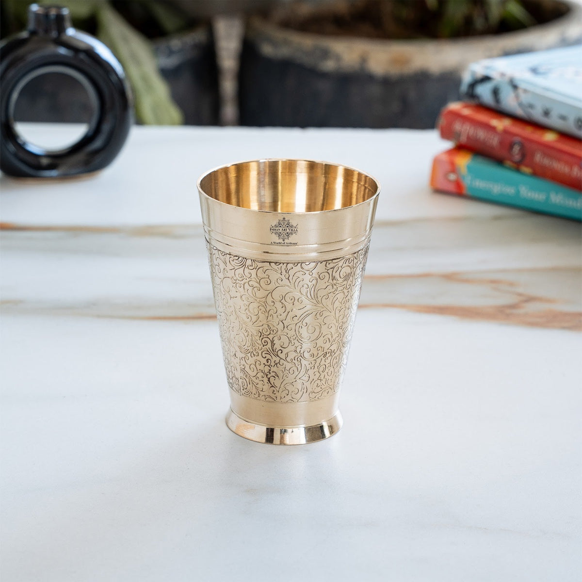 Pure Brass Embossed Design Glass 300 ML