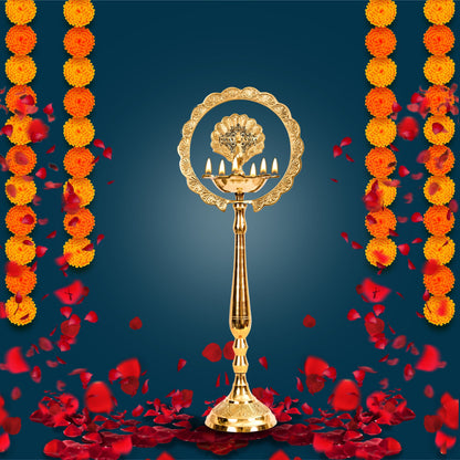 Pure Brass Stand/Pillar Diya/Deepak/Lamp/Lantern With Peacock Design, Pooja, Home Decor & Diwali Gift Item
