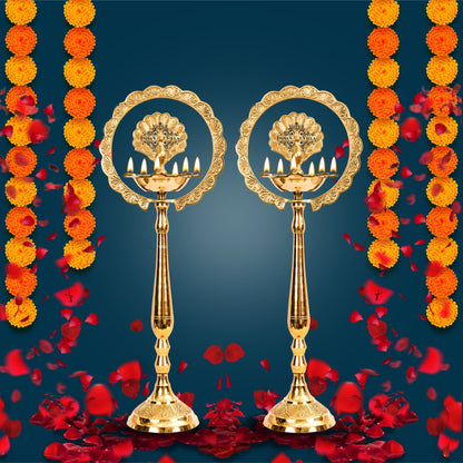 Pure Brass Stand/Pillar Diya/Deepak/Lamp/Lantern With Peacock Design, Pooja, Home Decor & Diwali Gift Item