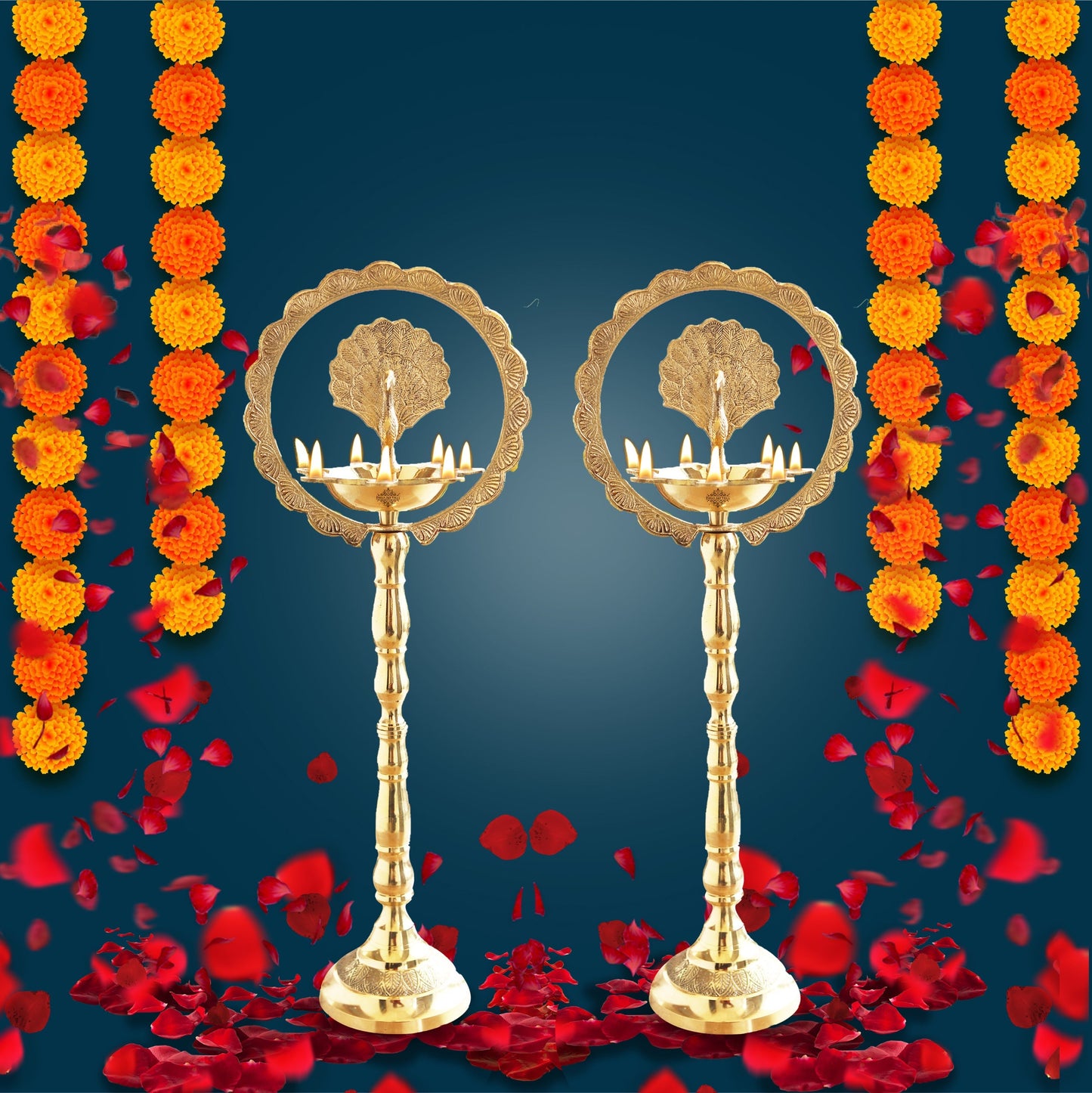 Brass Peacock Top Oil Lamp Stand, Standing Deepak, Diya with 5 wicks, Spiritual Item