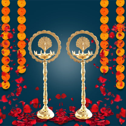 Brass Peacock Top Oil Lamp Stand, Standing Deepak, Diya with 5 wicks, Spiritual Item
