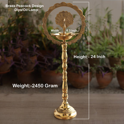 Brass Peacock Top Oil Lamp Stand, Standing Deepak, Diya with 5 wicks, Spiritual Item