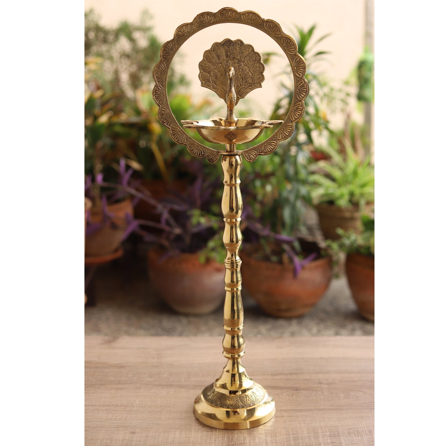 Brass Peacock Top Oil Lamp Stand, Standing Deepak, Diya with 5 wicks, Spiritual Item