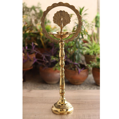 Brass Peacock Top Oil Lamp Stand, Standing Deepak, Diya with 5 wicks, Spiritual Item