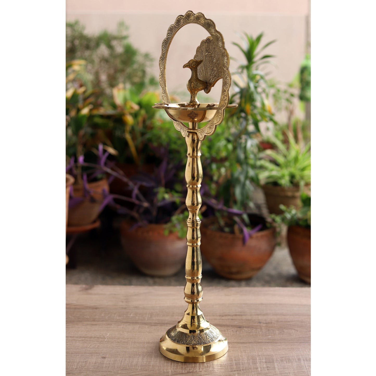 Brass Peacock Top Oil Lamp Stand, Standing Deepak, Diya with 5 wicks, Spiritual Item