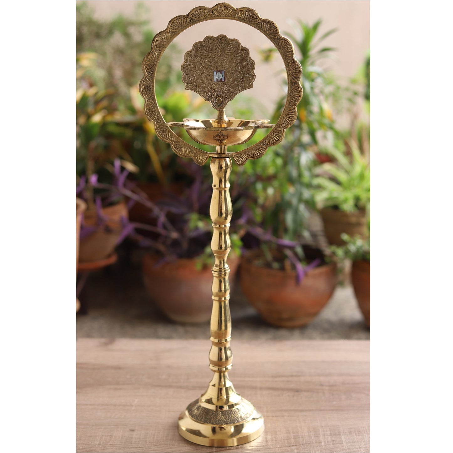 Brass Peacock Top Oil Lamp Stand, Standing Deepak, Diya with 5 wicks, Spiritual Item