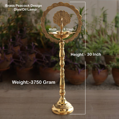Brass Peacock Top Oil Lamp Stand, Standing Deepak, Diya with 5 wicks, Spiritual Item