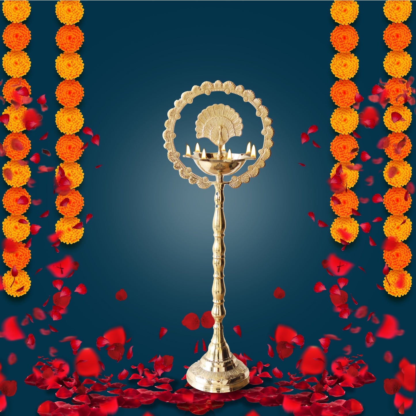 Brass Peacock Top Oil Lamp Stand, Standing Deepak, Diya with 5 wicks, Spiritual Item