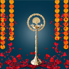 Brass Peacock Top Oil Lamp Stand, Standing Deepak, Diya with 5 wicks, Spiritual Item