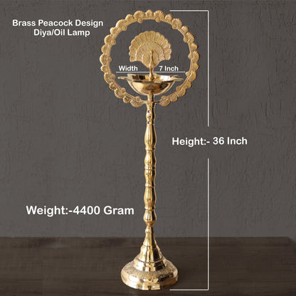 Brass Peacock Top Oil Lamp Stand, Standing Deepak, Diya with 5 wicks, Spiritual Item