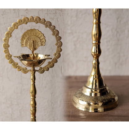 Brass Peacock Top Oil Lamp Stand, Standing Deepak, Diya with 5 wicks, Spiritual Item