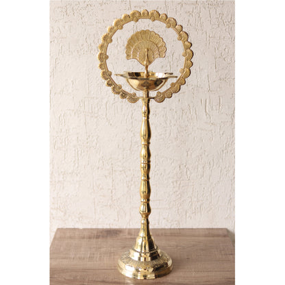 Brass Peacock Top Oil Lamp Stand, Standing Deepak, Diya with 5 wicks, Spiritual Item