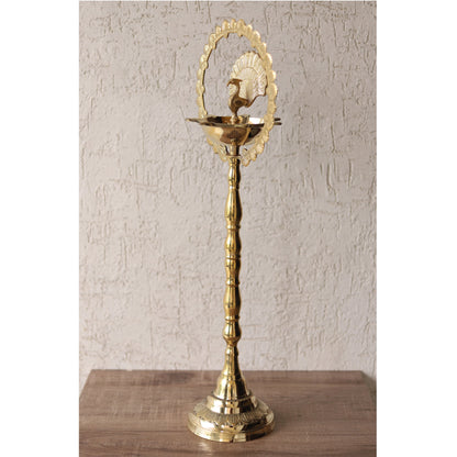 Brass Peacock Top Oil Lamp Stand, Standing Deepak, Diya with 5 wicks, Spiritual Item