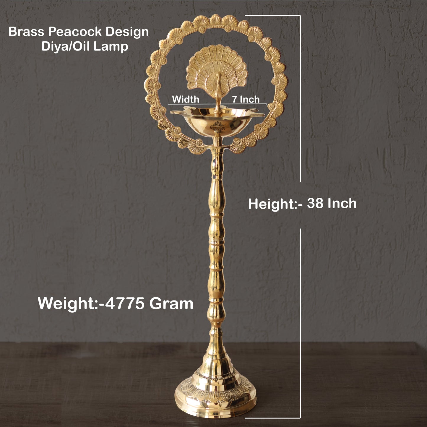 Brass Peacock Top Oil Lamp Stand, Standing Deepak, Diya with 5 wicks, Spiritual Item