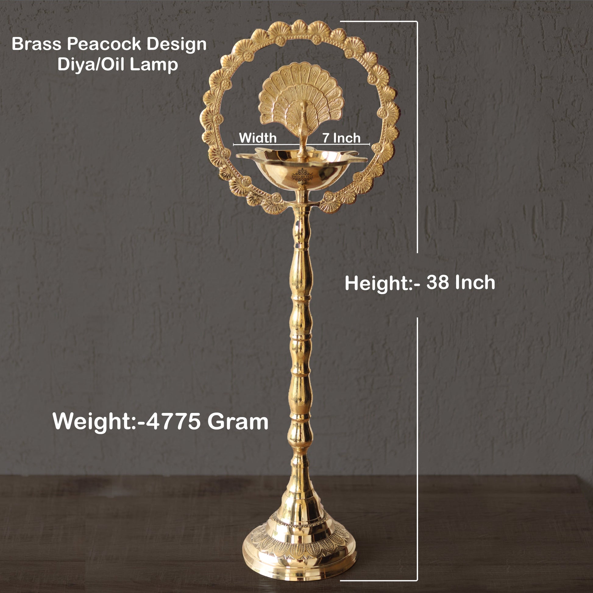 Brass Peacock Top Oil Lamp Stand, Standing Deepak, Diya with 5 wicks, Spiritual Item